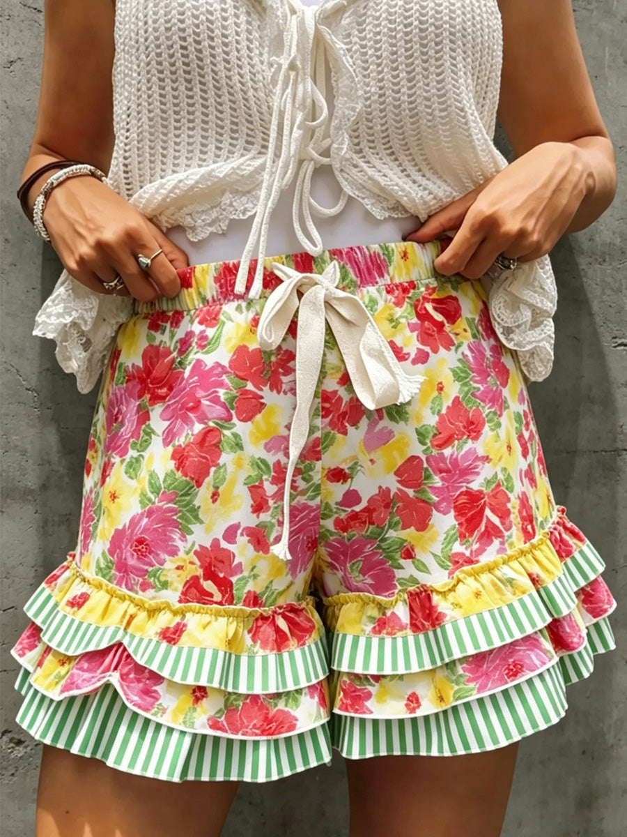 Women's Retro Floral Color-Blocked Art Print Casual Multi-Layer Ruffle Shorts